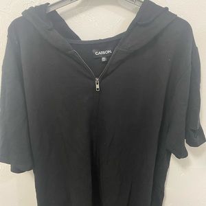 Distressed short sleeve zip long tail hoodie